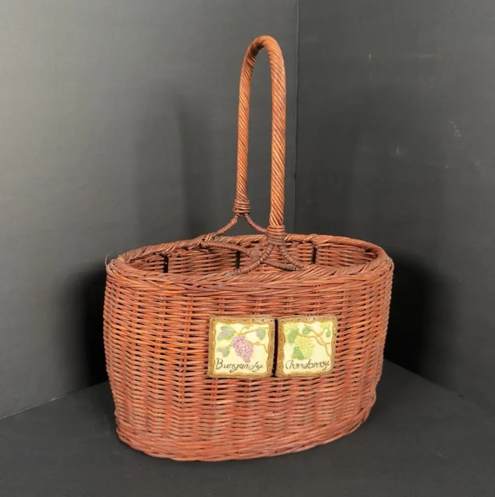 Brown Wicker 2 Bottle Wine Carrier Basket Burgundy Chardonnay Ceramic Plaques